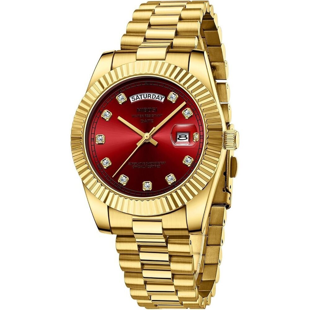 Men's Gold Red Stainless Steel Analog Classic Design Stylish Wrist Dress Watch